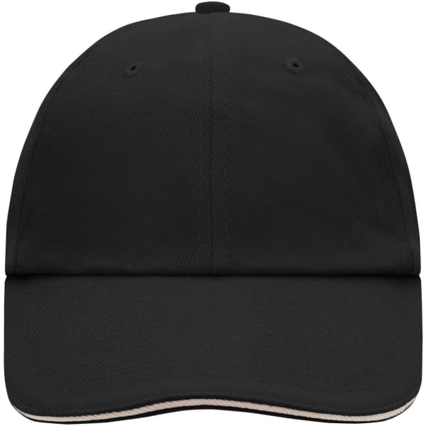 A black 6 Panel Raver Sandwich Cap with a rounded crown and a visor, featuring a logo on the front.