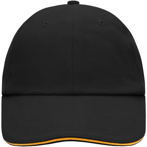 A black 6 Panel Raver Sandwich Cap with a contrasting yellow trim and a logo on the front.