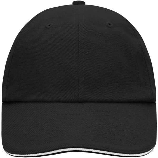 A black 6 panel cap with a plain design and a logo on the front.
