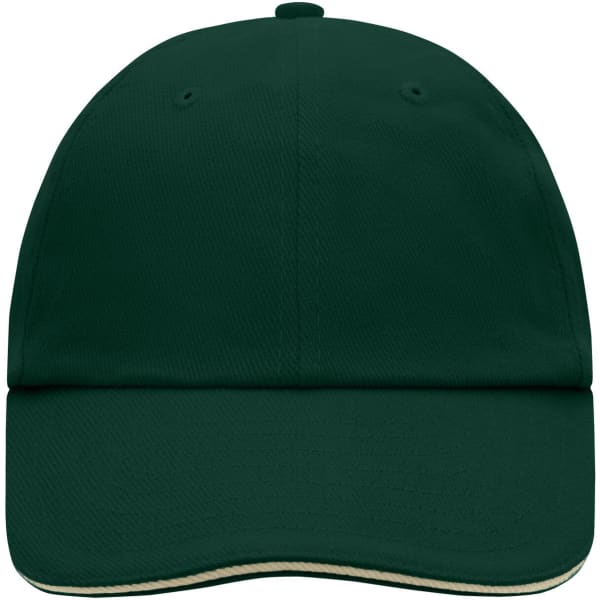 A dark green 6 panel cap with a curved brim and a logo on the front.