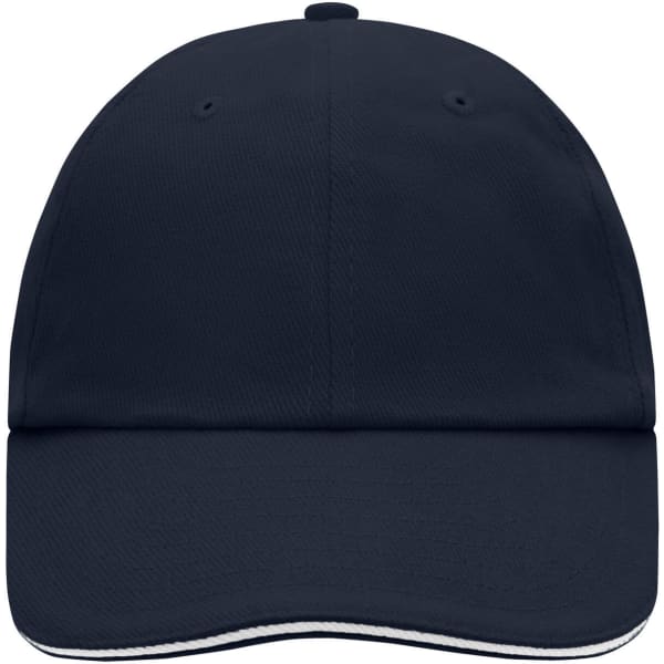 A dark navy 6 Panel Raver Sandwich Cap featuring a curved visor and a logo on the front.