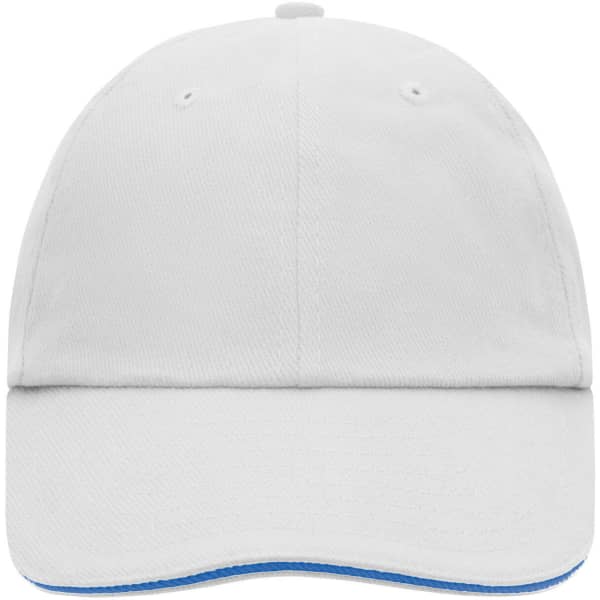 A white 6 panel raver sandwich cap with a blue under peak and a logo on the front.