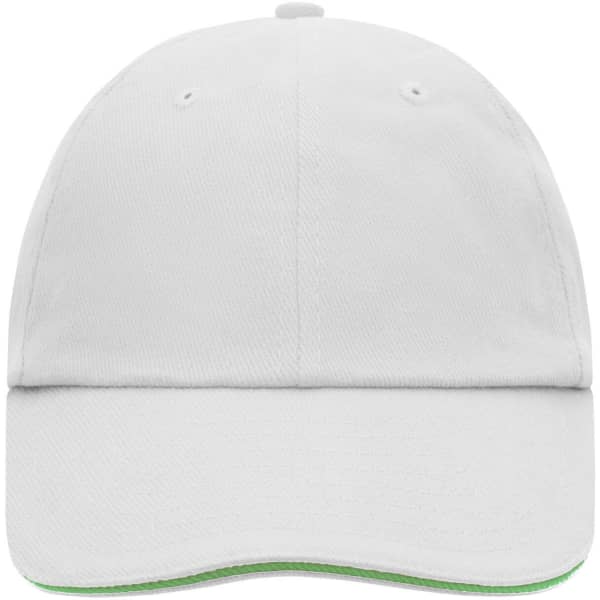 A white six-panel cap with a green underbrim and a logo on the front.