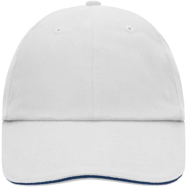 A white 6-panel cap with a curved brim and an interior contrasting blue detail, featuring an unidentifiable logo.