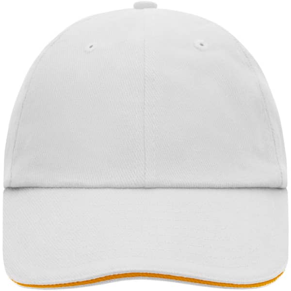 A white 6 Panel Raver Sandwich Cap with an orange underbrim and a logo on the front.