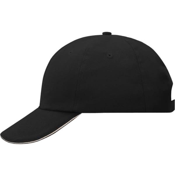 A black 6 Panel Raver Sandwich Cap featuring a contrasting trim and a logo on the side.