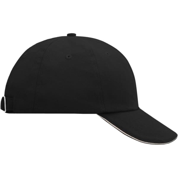 A black 6 Panel Raver Sandwich Cap with a contrasting peak and an adjustable strap at the back.
