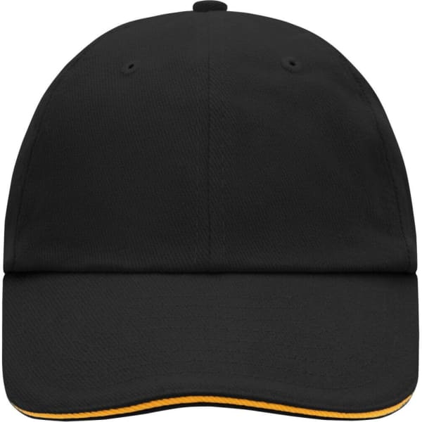 A black six-panel cap with a yellow underbrim, featuring a logo on the front.