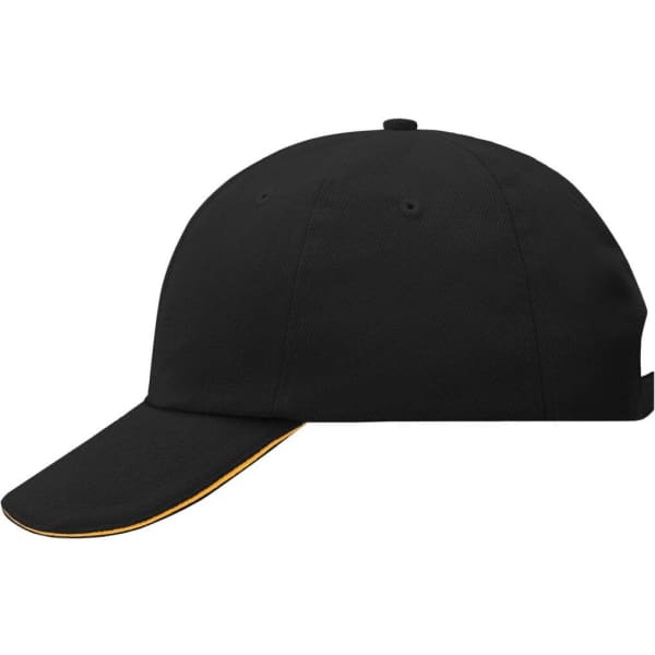A black six-panel cap with a curved brim and a contrasting yellow trim. It features a logo.