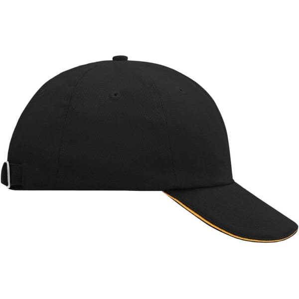 A black 6 panel cap with an orange under-brim and an adjustable strap, featuring a branding logo.