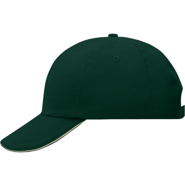 A dark green 6 Panel Raver Sandwich Cap with a contrasting brim, featuring a logo.