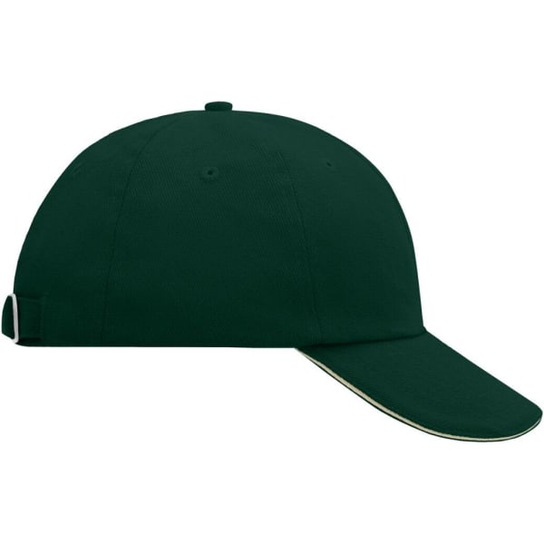 A green 6 panel raver sandwich cap with a curved brim and an adjustable strap at the back. It features a logo.