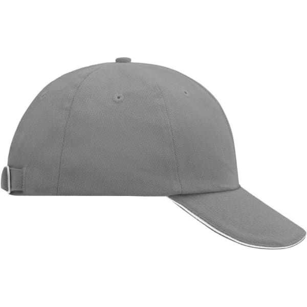 A grey six-panel cap featuring a curved brim and an adjustable strap at the back. It includes a logo.