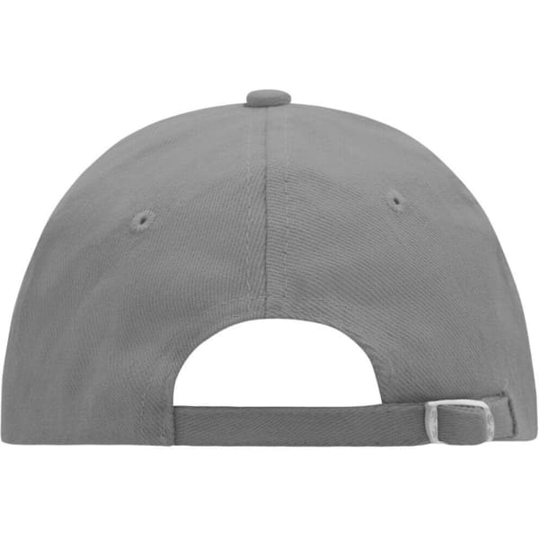 A grey 6 panel cap featuring a buckle adjustment and ventilation holes at the back, with a logo present.