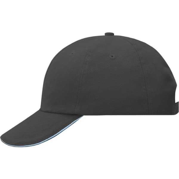 A black 6 Panel Raver Sandwich Cap with a contrasting blue trim and a logo on the side.