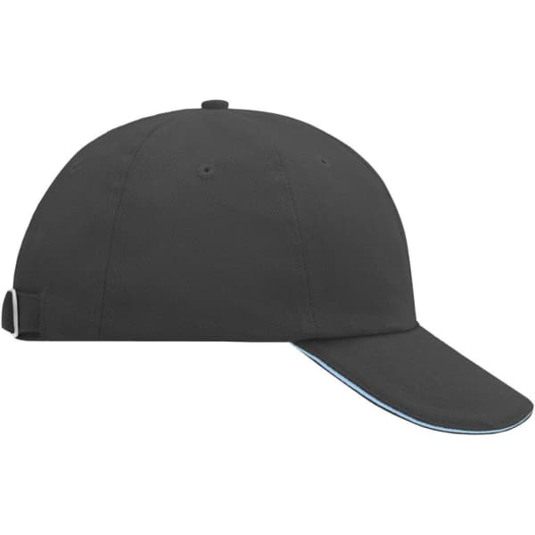 A black six-panel cap featuring a curved peak and a strap at the back, with a light blue underside.