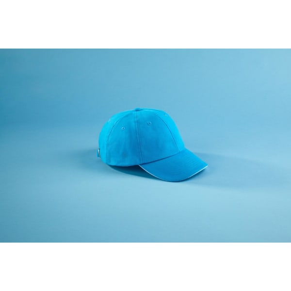 A blue six-panel cap with a curved brim, featuring an embroidered branding logo.