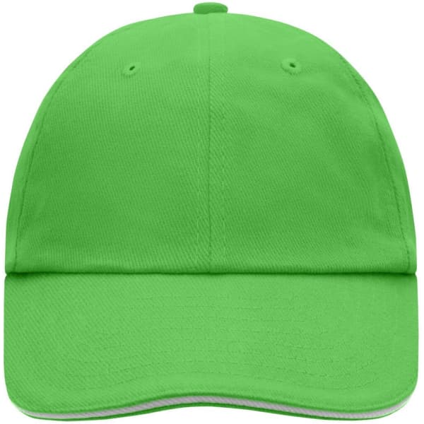 A bright green six-panel cap featuring a curved brim and an embroidered logo.