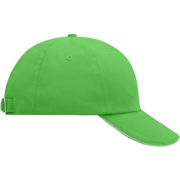 A bright green 6 Panel Raver Sandwich Cap featuring a curved brim and a logo on the side.