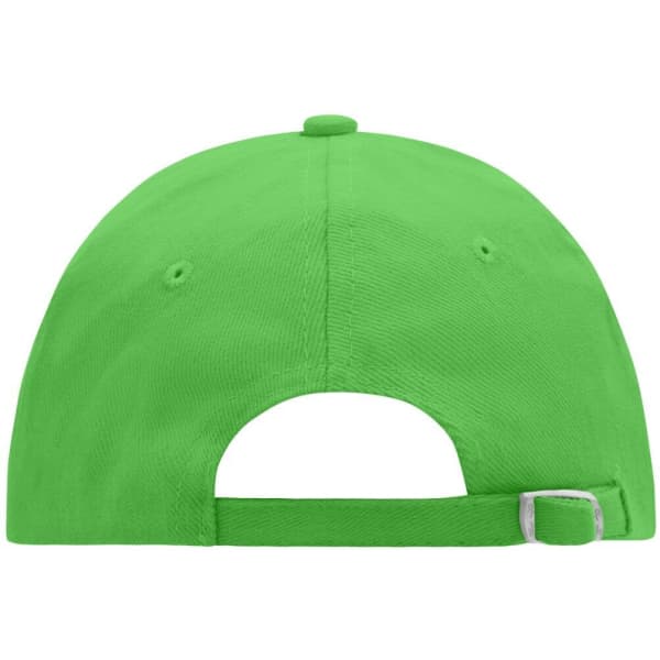 A vibrant green 6-panel cap featuring an adjustable strap at the back and a logo detail.