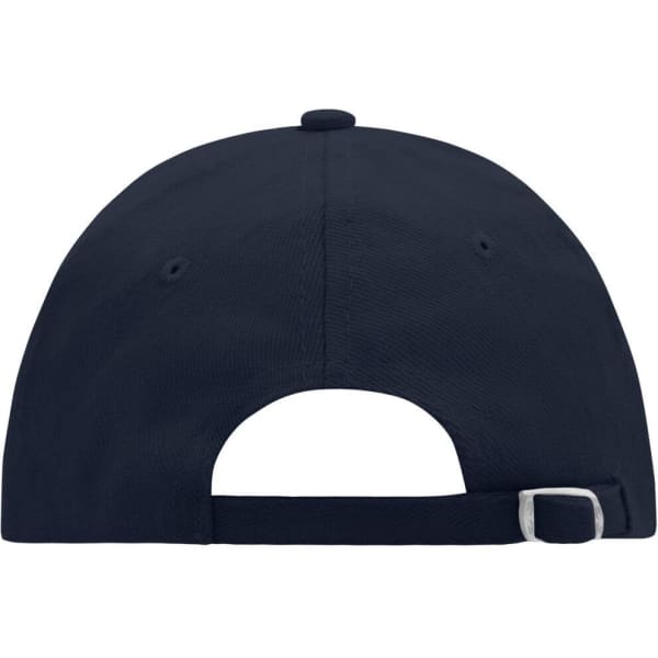 A navy blue 6 Panel Raver Sandwich Cap with a curved brim and adjustable strap at the back. It features a logo.