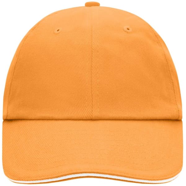 An orange 6 Panel Raver Sandwich Cap featuring a curved brim and a logo on the front.