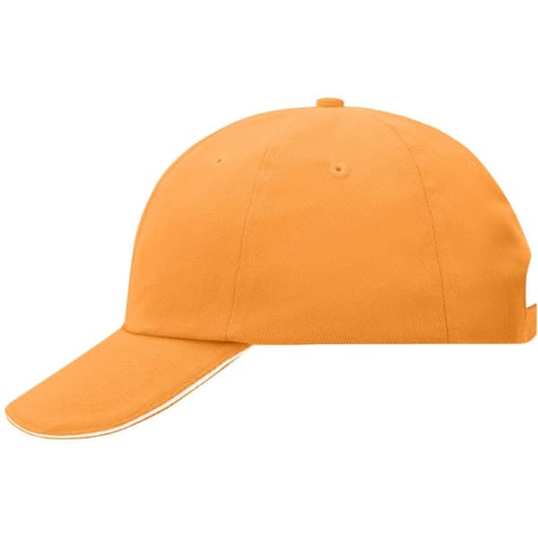 An orange six-panel cap with a curved brim and a logo on the side.