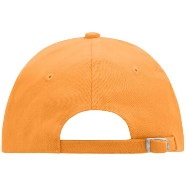 An orange six-panel cap with an adjustable strap at the back and a logo on the side.