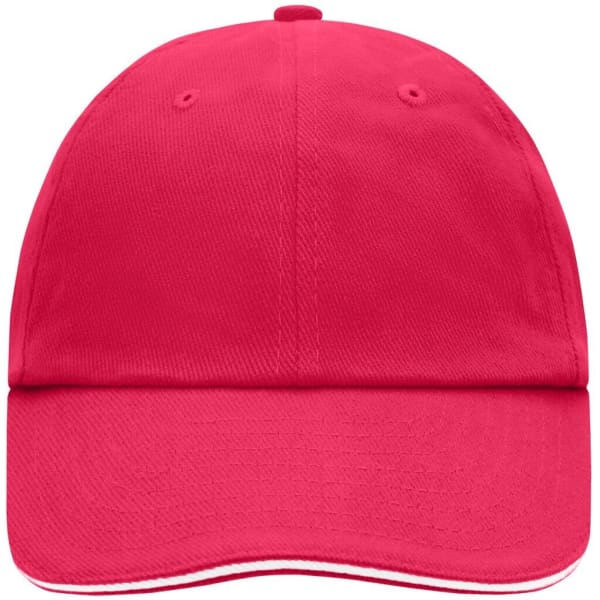 A bright pink six-panel cap with a curved brim and a logo on the front. Ideal for headwear promotions.