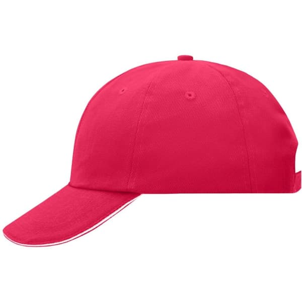 A bright pink six-panel cap with a curved brim and an adjustable strap, featuring a logo on the side.