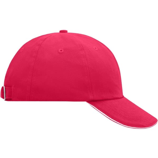 A pink 6-panel cap with a curved brim and an adjustable strap at the back, featuring a logo.