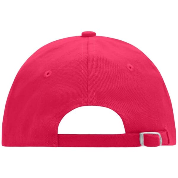 A pink six-panel cap with a back strap and an adjustable closure, featuring a logo.