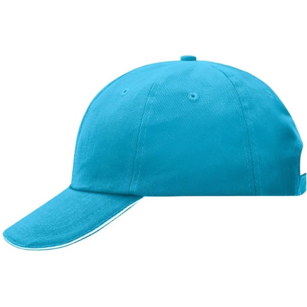 A bright blue 6-panel sandwich cap with a curved brim, featuring a logo on the front.