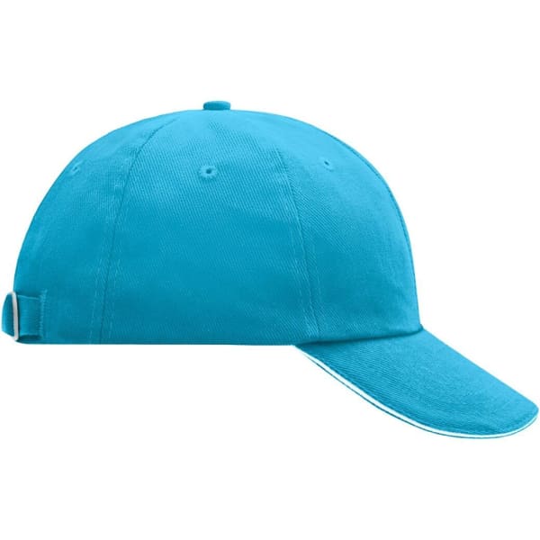 A blue six-panel cap with a curved brim and an adjustable strap at the back, featuring a logo.