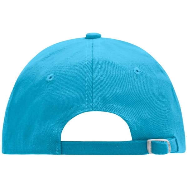 A bright turquoise 6 panel cap featuring an adjustable strap at the back and a logo.