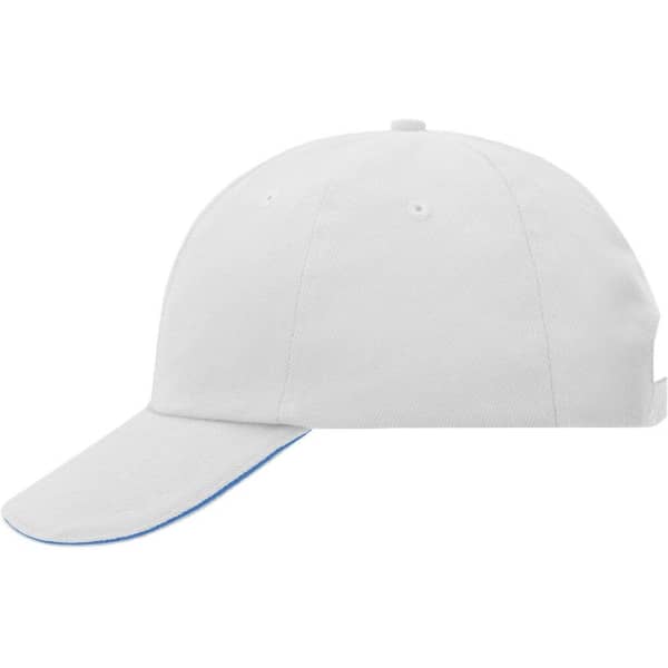 A white six-panel cap with a curved brim and an interior blue accent, featuring a logo on the side.