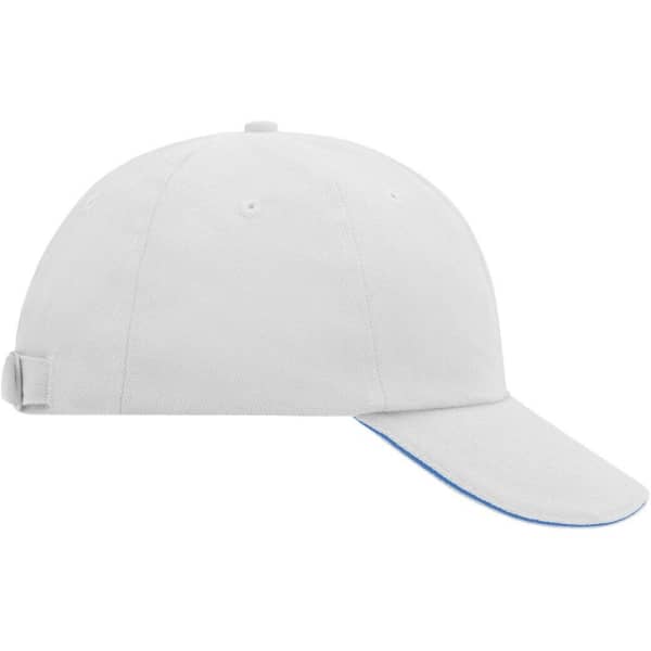 A white six-panel cap with a curved brim and a logo on the side. The inner brim has a blue accent.