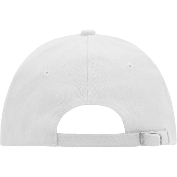 A white 6-panel cap with a curved brim and an adjustable strap at the back, featuring a logo.