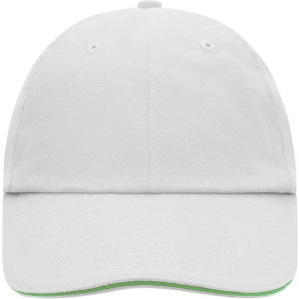 A white 6-panel cap featuring a green underbrim and a logo on the front.