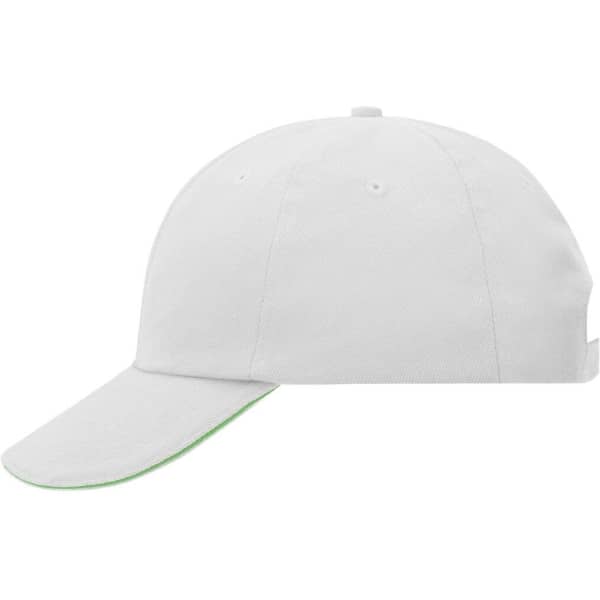 A white six-panel cap with a green underbrim and a logo. Features a structured design and adjustable strap at the back.