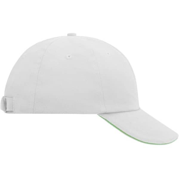 A white 6-panel cap with a green underbrim and an adjustable strap at the back, featuring a logo.