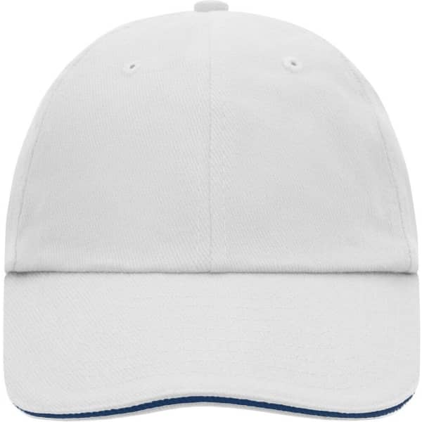A white six-panel cap with a curved brim and a logo on the front.