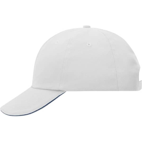 A white 6 panel cap with a curved brim and an adjustable strap at the back, featuring a logo.