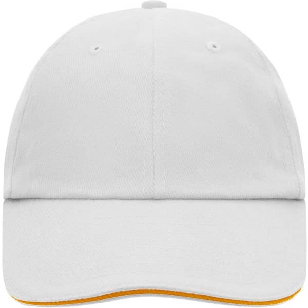 A 6-panel cap in white with an orange underbrim and a logo. Suitable for casual wear.