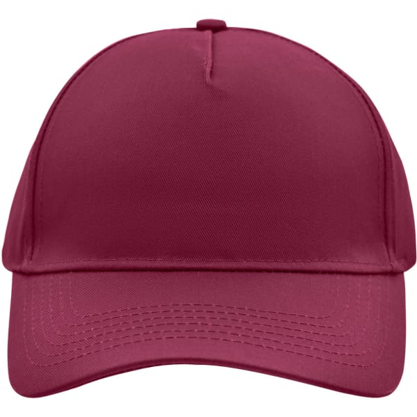 A maroon 5 panel cap featuring a curved peak and a stitched front panel, complete with a logo.