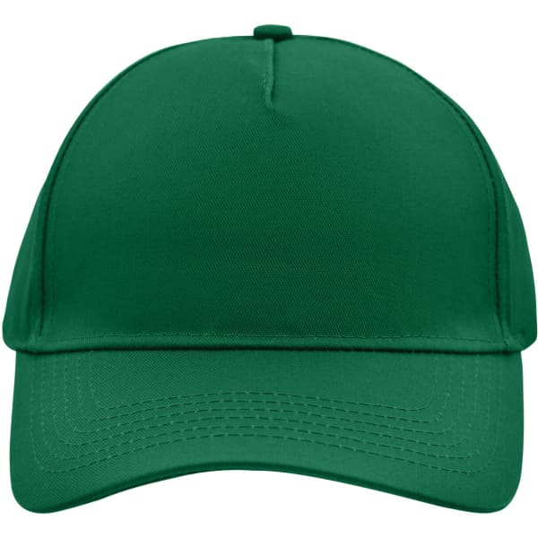 A green 5 panel cap with a structured design and a curved brim, featuring a logo on the front.