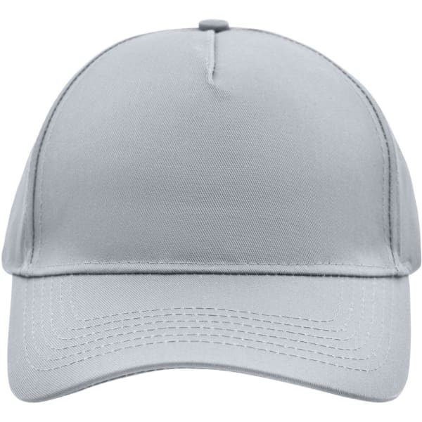 A grey 5 Panel Cap with a structured design and a curved brim, featuring a logo on the front.