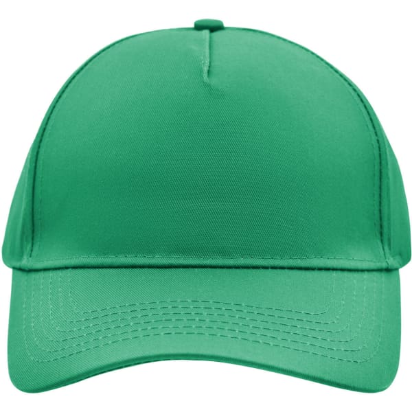 A green 5 panel cap with a structured design and a curved brim, featuring a logo on the front.