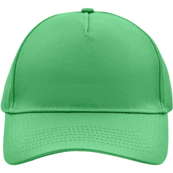 A bright green 5 panel cap with a structured front and a curved brim, featuring a logo on the side.