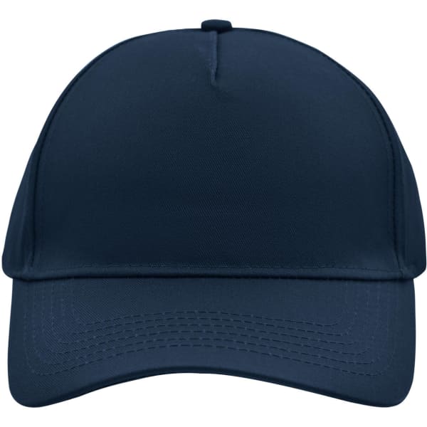 A navy blue 5 panel cap with a curved brim and a logo on the front.